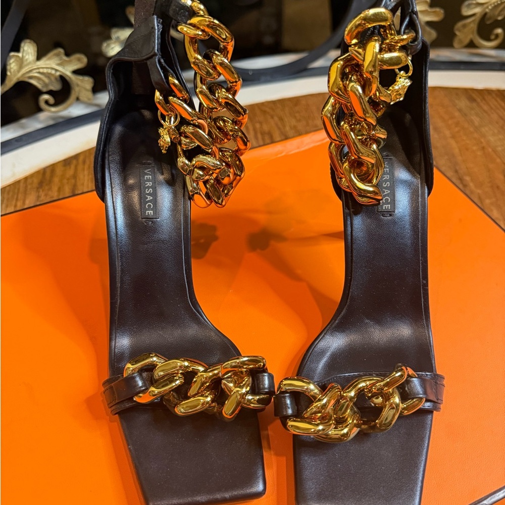 Versace Black Heels with Gold Chain Accents - Picture 2 of 5